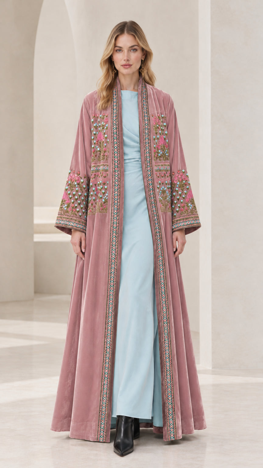 Front view of Dusty Rose embroidered velvet maxi open-front kimono