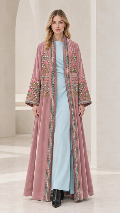 Front view of Dusty Rose embroidered velvet maxi open-front kimono