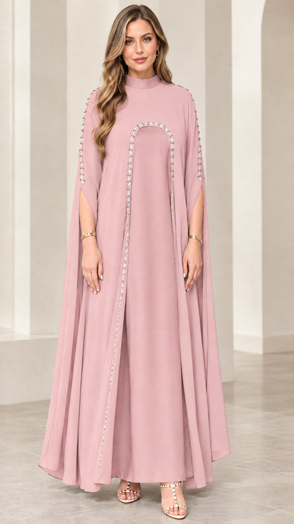 Full front view of dusty pink modest cape sleeve evening gown with beading