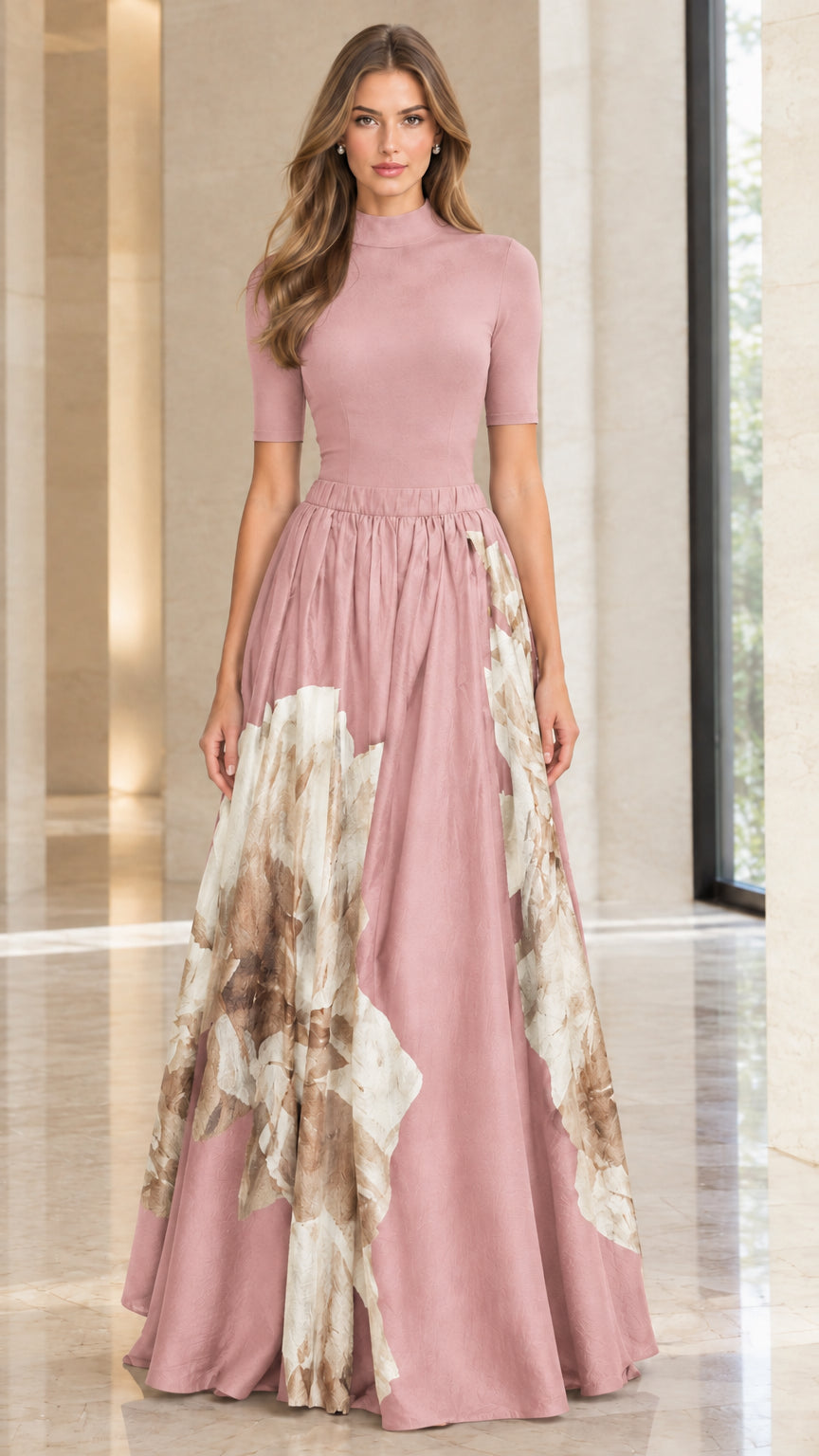 Full-length view of woman in dusty pink mock neck floral maxi dress