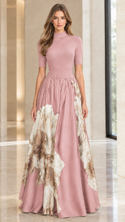 Full-length view of woman in dusty pink mock neck floral maxi dress