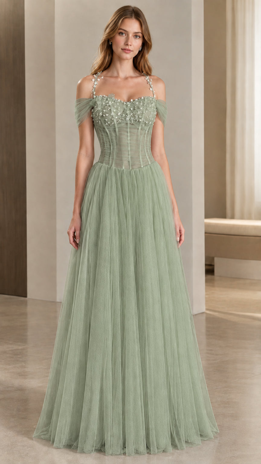 Full front view of sage green off-shoulder corset tulle formal dress