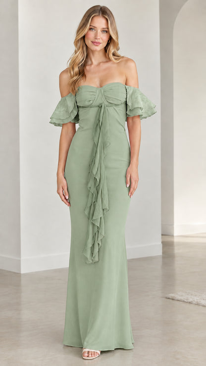 Front view of model wearing sage green off-the-shoulder evening gown