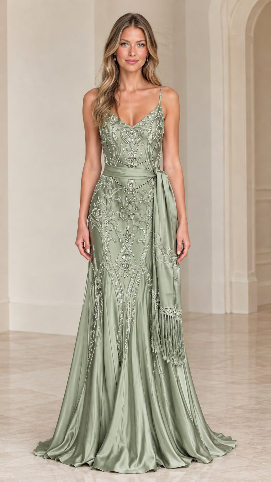 Sage green beaded embroidered satin mermaid evening gown with fringe sash