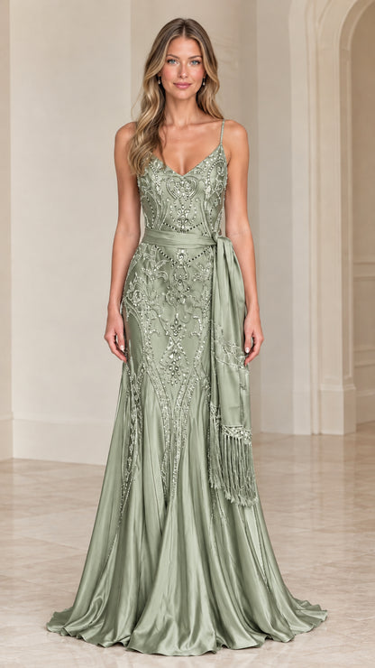 Sage green beaded embroidered satin mermaid evening gown with fringe sash