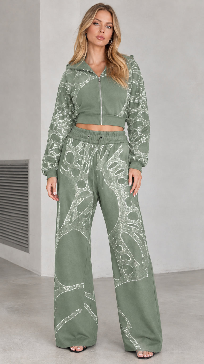 Sage green rhinestone cropped zip hoodie and wide leg sweatpants two piece set