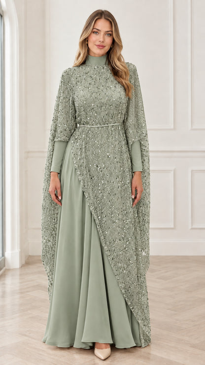Sage green high neck sequin cape maxi evening dress