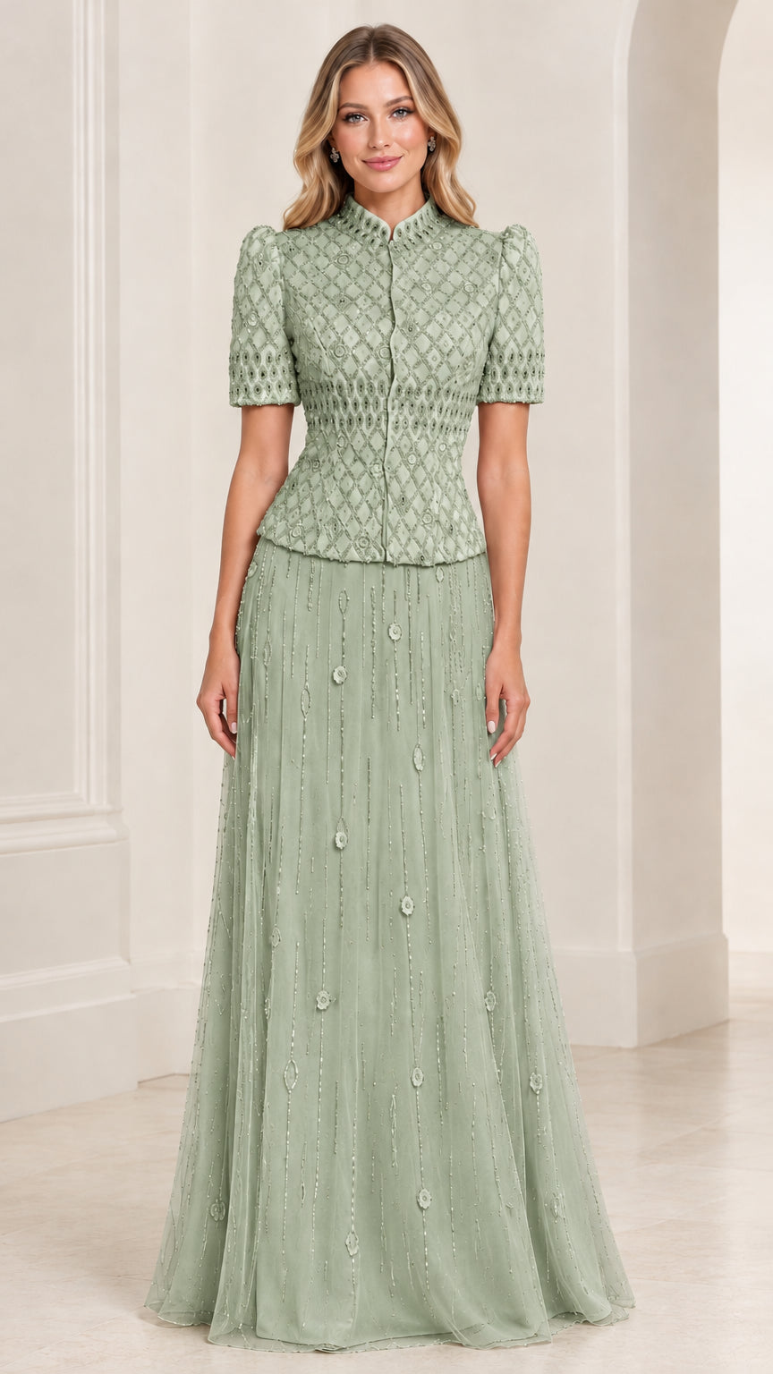 Sage Green high neck embroidered formal maxi dress