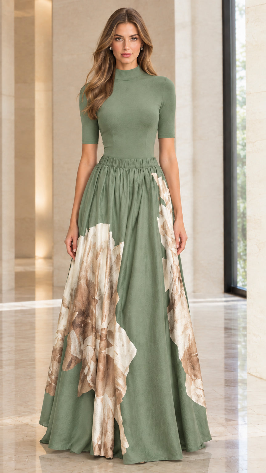 Full-length view of woman in sage green mock neck floral maxi dress