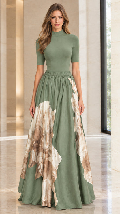 Full-length view of woman in sage green mock neck floral maxi dress