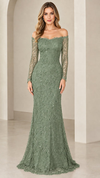 Front view of woman wearing sage green long sleeve lace formal gown
