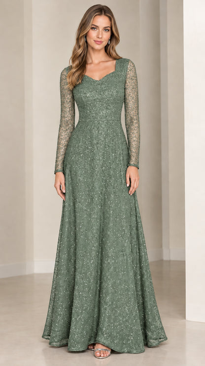Front view of sage green long sleeve sequin lace formal gown