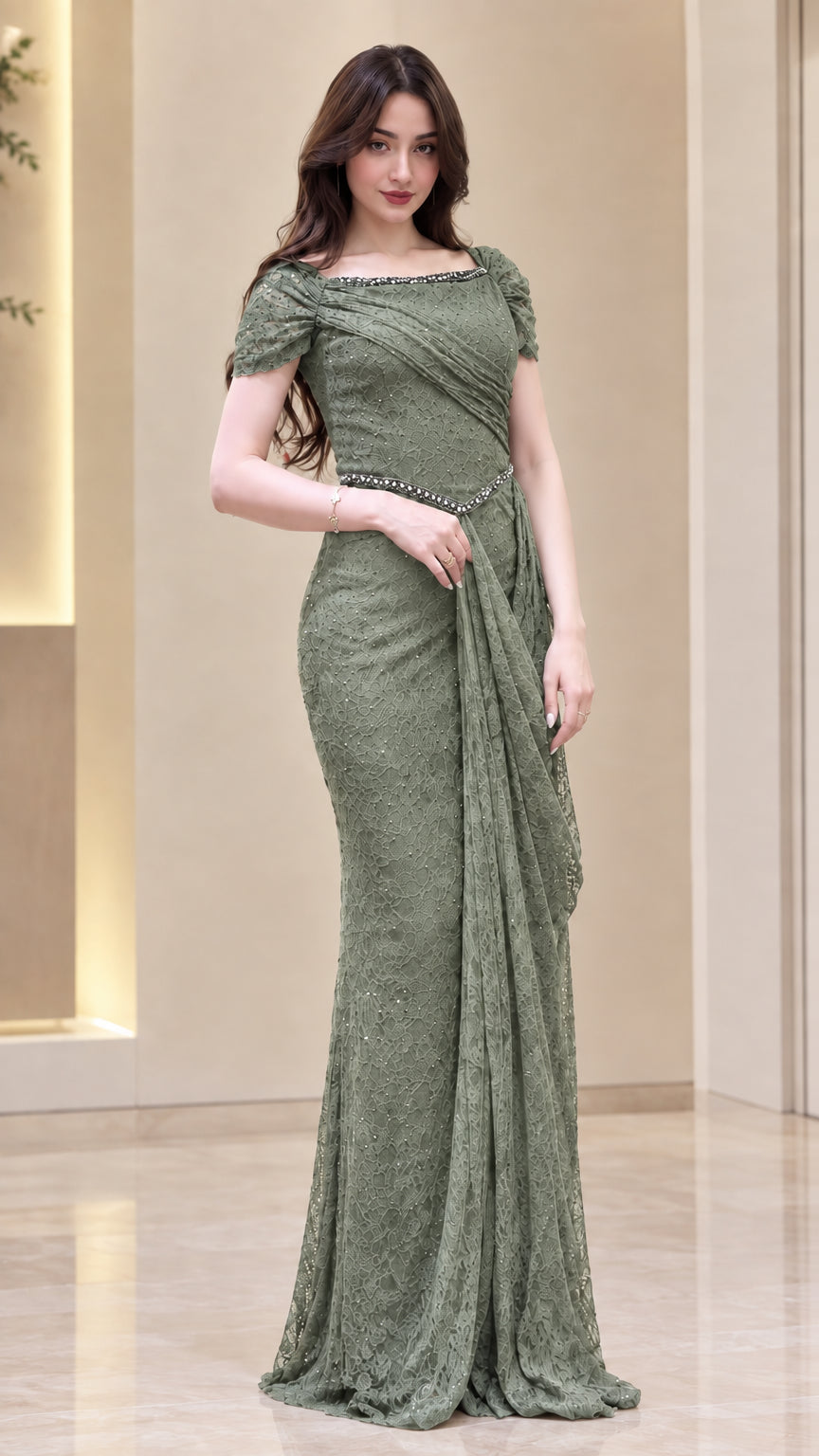 Front view of model wearing Sage Green beaded lace evening gown
