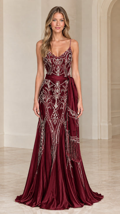 Burgundy beaded embroidered satin mermaid evening gown with fringe sash