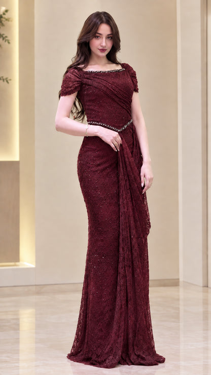 Front view of model wearing Burgundy wine lace maxi evening dress