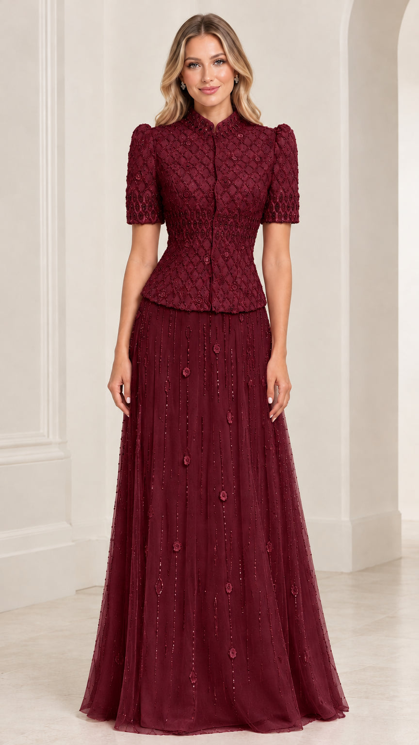 Burgundy formal evening gown with beaded lattice bodice
