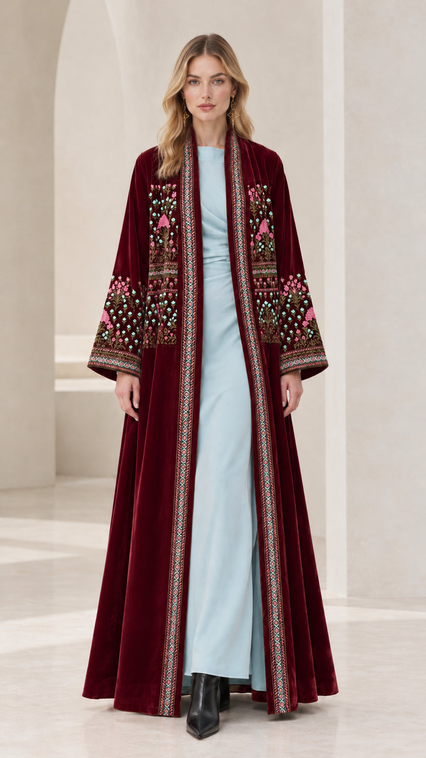 Front view of Burgundy Wine Red embroidered velvet maxi open-front kimono