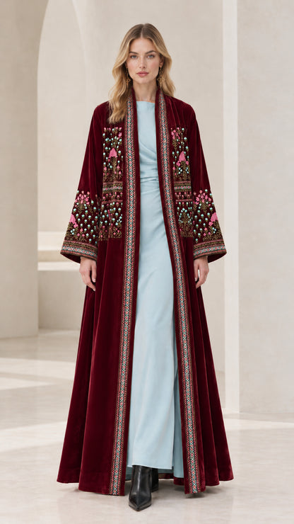 Front view of Burgundy Wine Red embroidered velvet maxi open-front kimono