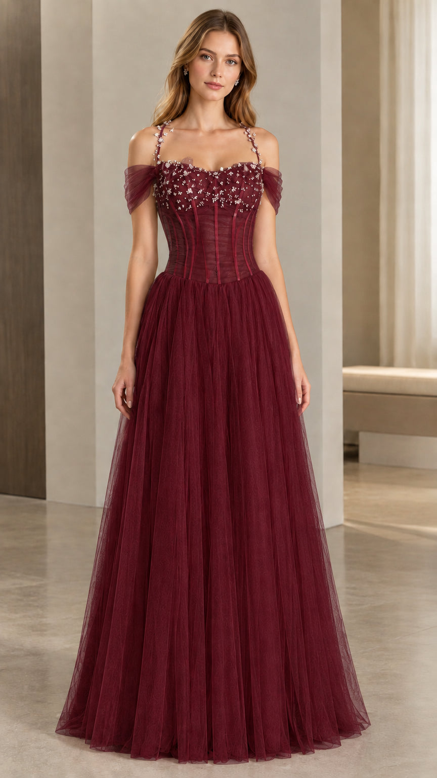 Full front view of burgundy off-shoulder corset bodice tulle maxi dress