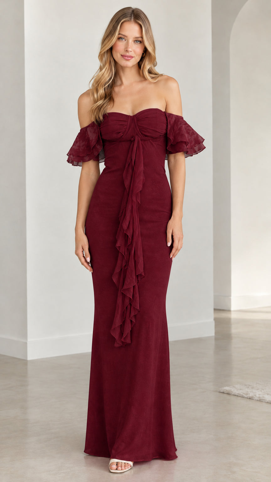 Front view of model wearing burgundy red off-the-shoulder maxi dress