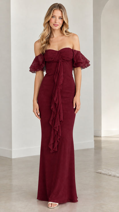 Front view of model wearing burgundy red off-the-shoulder maxi dress