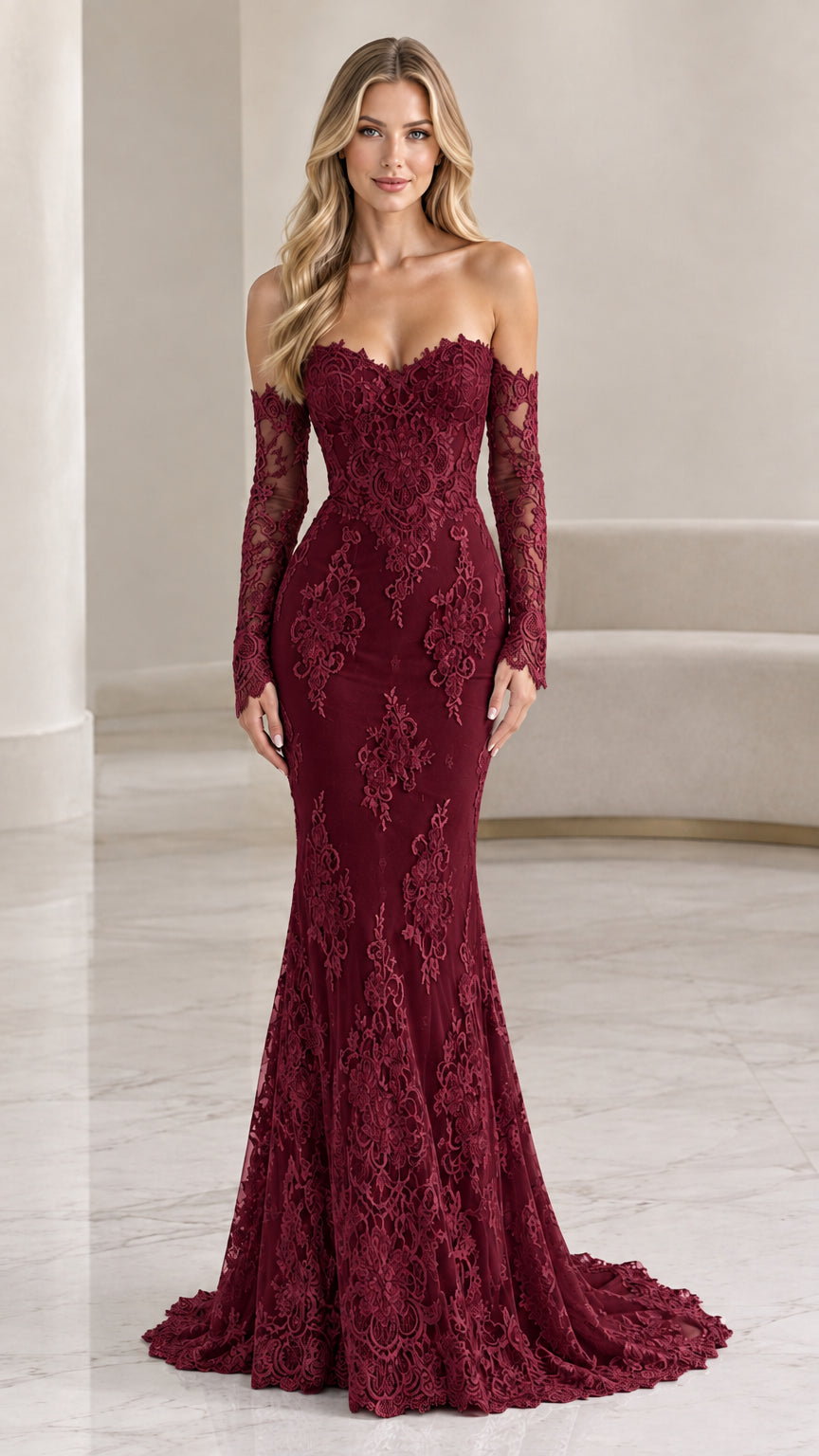 Model wearing burgundy off-the-shoulder floral lace evening gown