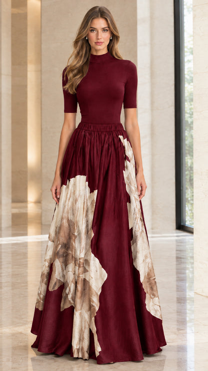 Full-length view of woman in rich burgundy wine red mock neck floral maxi dress