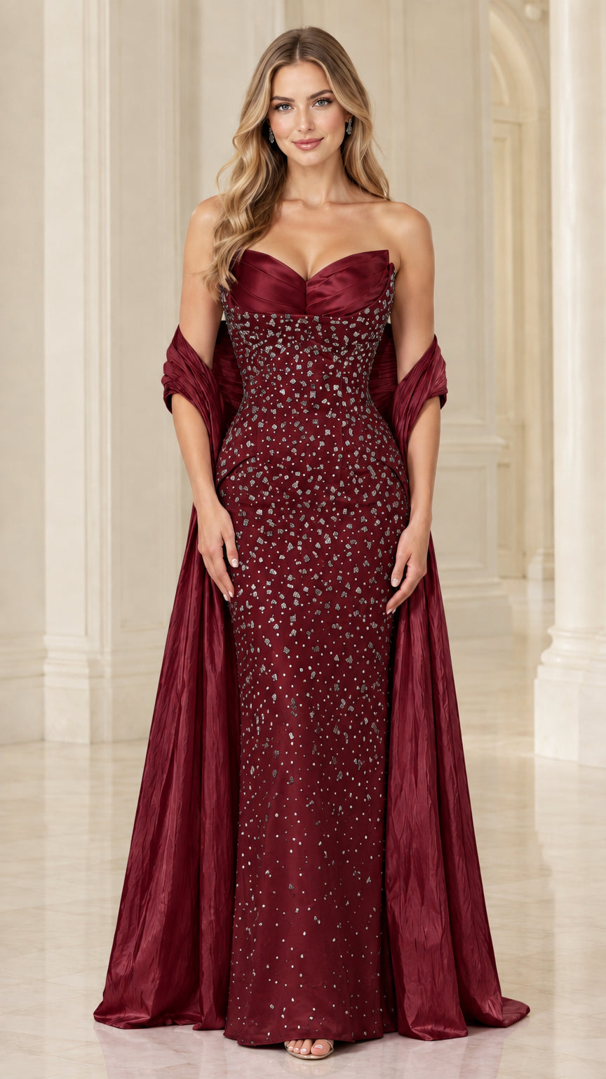 Front view of burgundy red beaded sweetheart neck evening dress with matching wrap