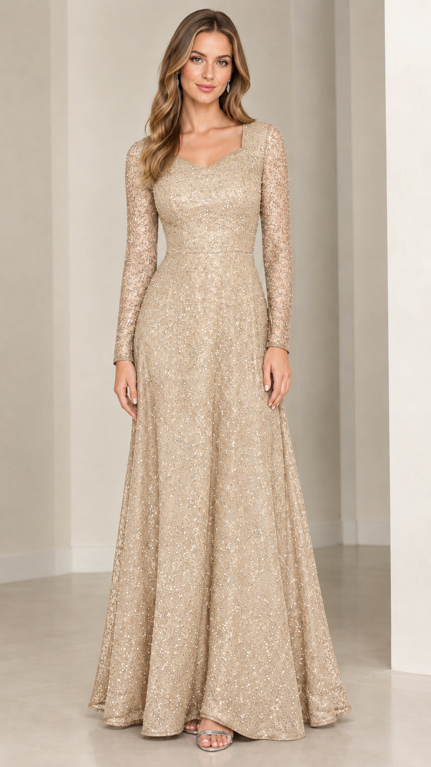 Front view of champagne gold long sleeve sequin lace evening dress