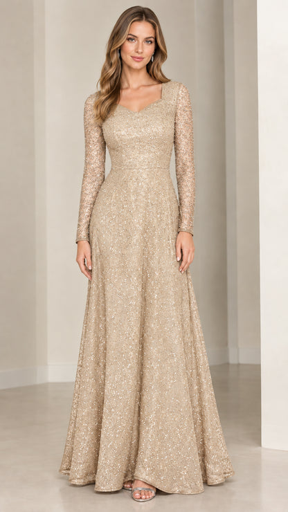 Front view of champagne gold long sleeve sequin lace evening dress