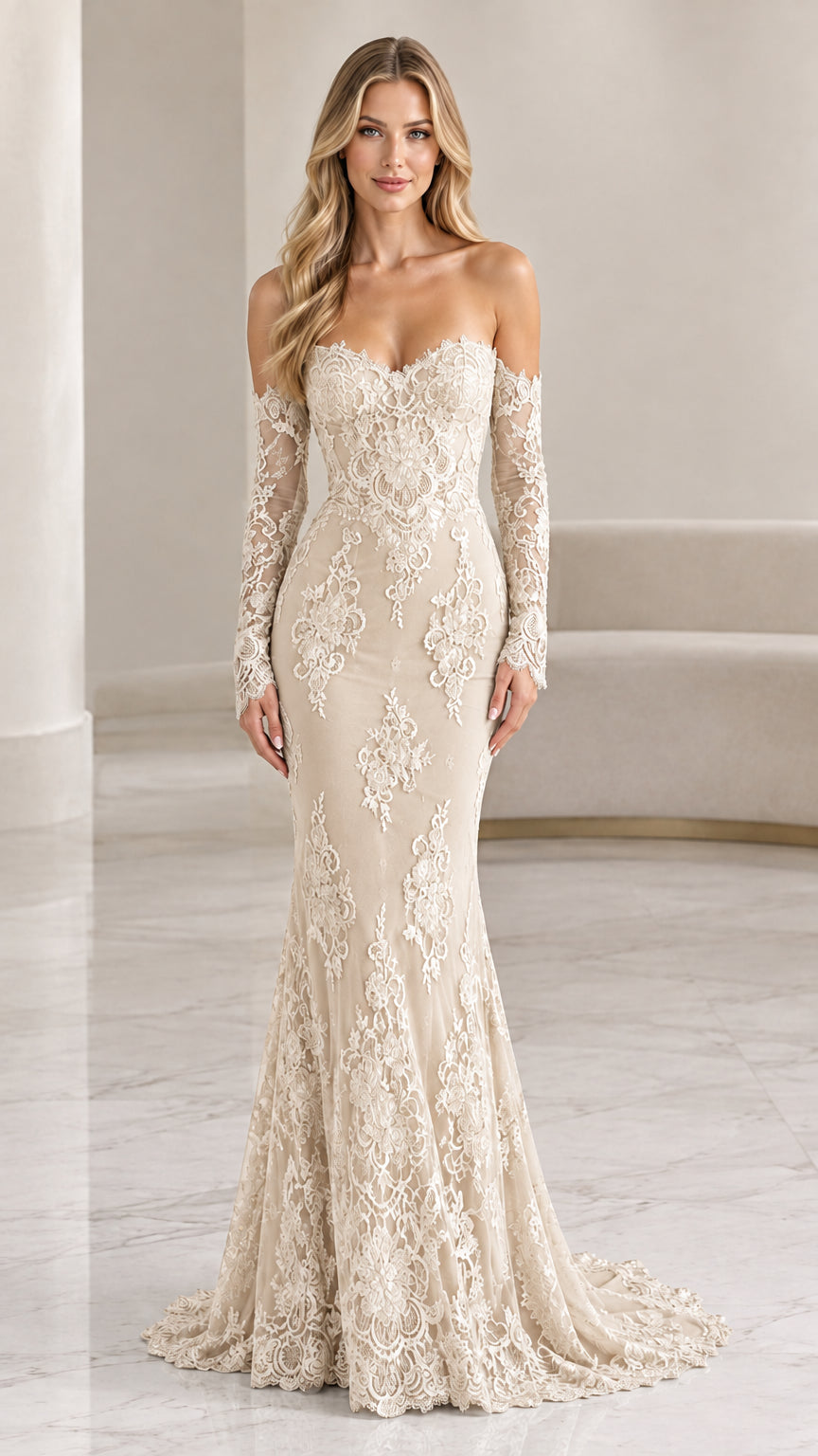 Model wearing champagne ivory off-the-shoulder mermaid lace dress