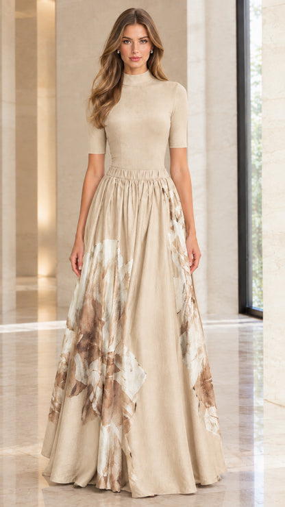 Full-length view of woman in beige champagne mock neck floral maxi dress