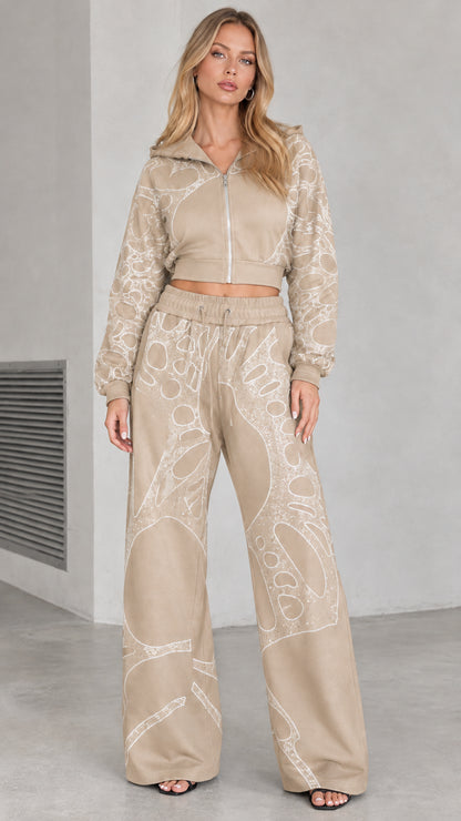 Beige rhinestone cropped zip hoodie and wide leg sweatpants two piece set
