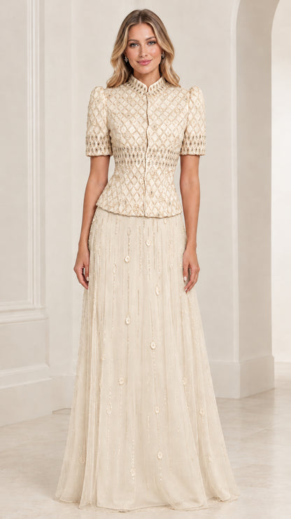 Champagne high neck formal dress with embroidered bodice and tulle skirt