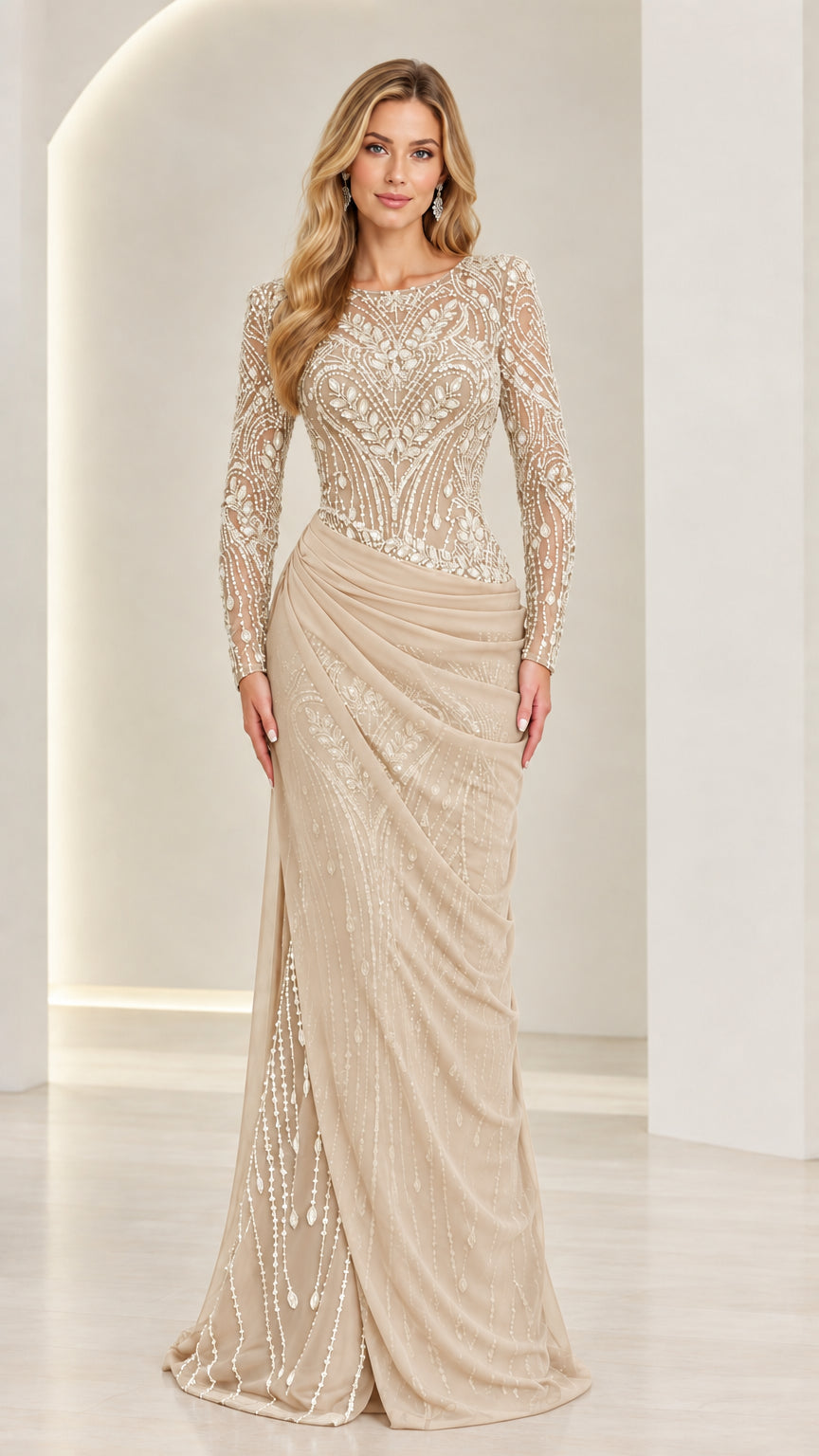 Champagne beige long sleeve embellished gala evening gown