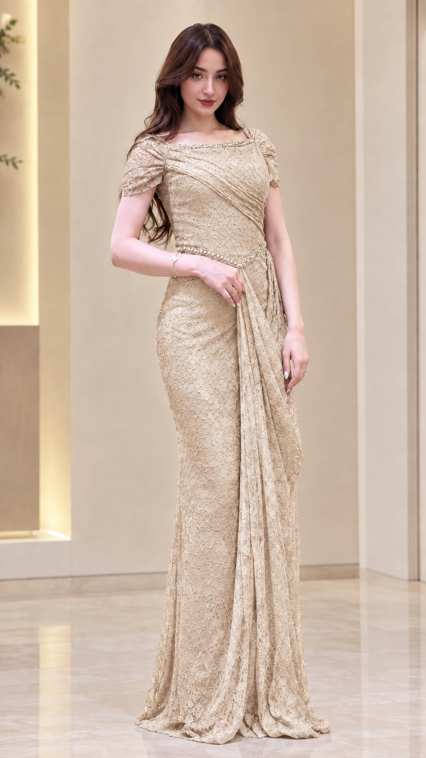 Front view of model wearing Champagne gold sequin lace formal gown
