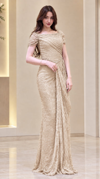Front view of model wearing Champagne gold sequin lace formal gown