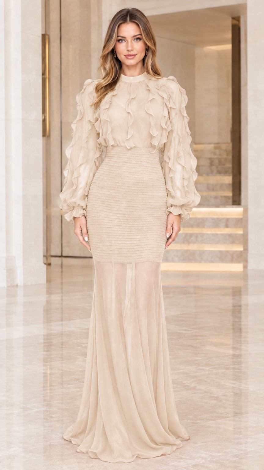 Model wearing Champagne cream ruffled long sleeve smocked evening dress